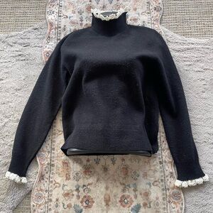 Celine Black Turtleneck Sweater with Lace Accents